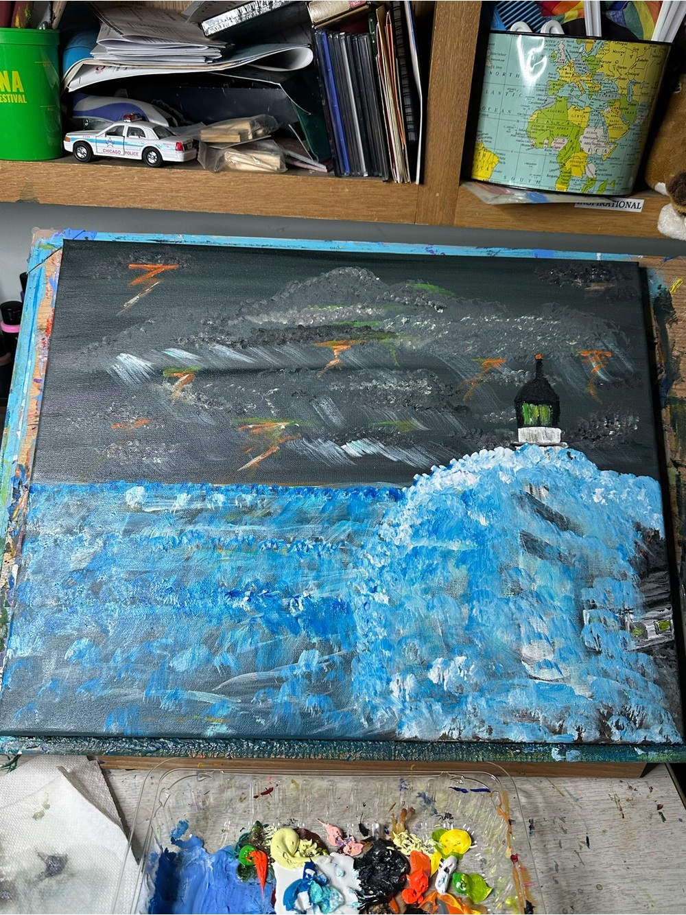 Hand-Painted Lighthouse Seascape in Blue & Black